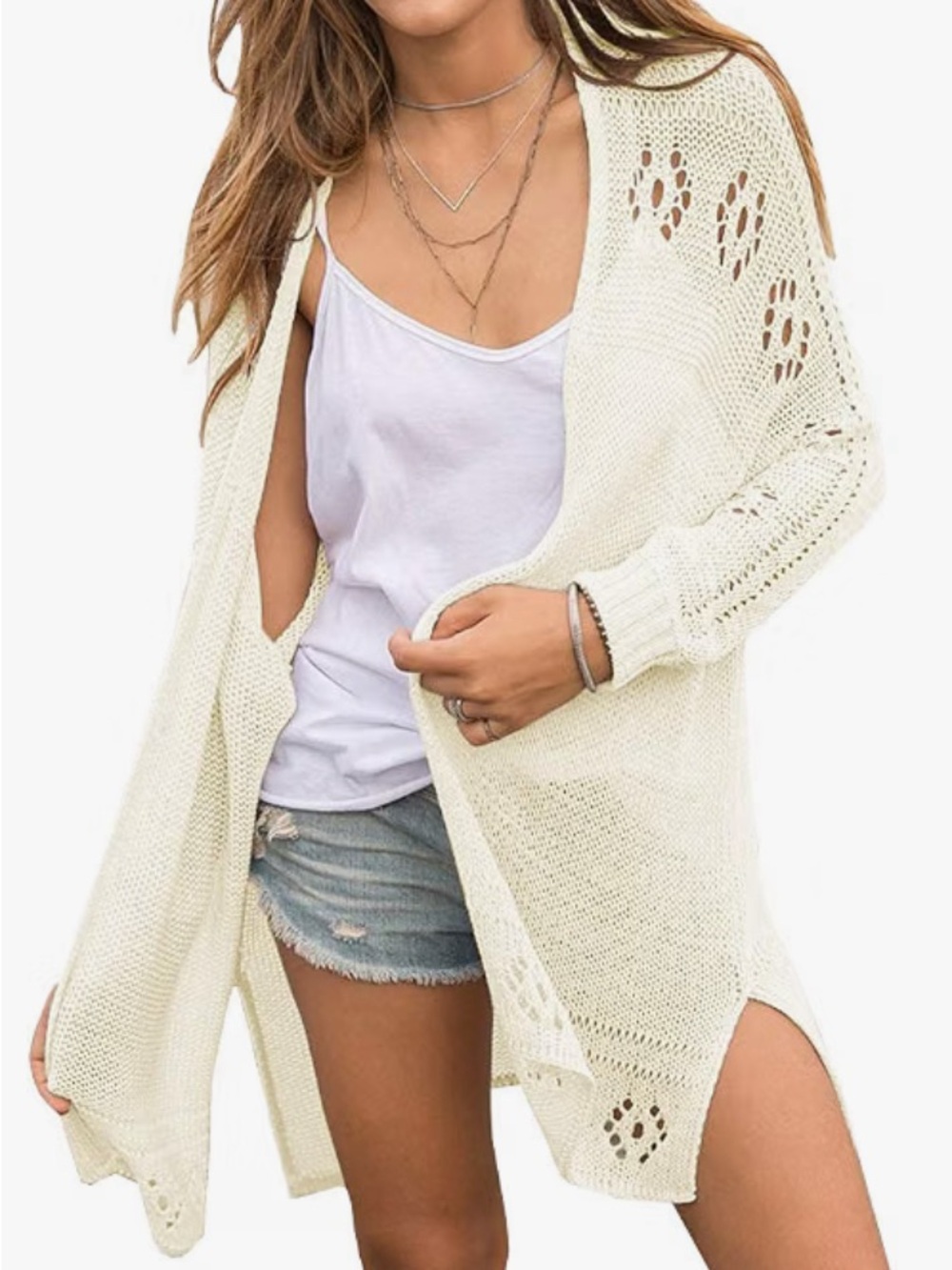 Open-Front Cream Knit Cardigan Sweater